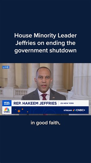 House Minority Leader Hakeem Jeffries said Friday that Democrats are "fighting for America" in their shutdown holdout over Affordable Care Act tax credits that are set to expire at the end of the year. "We will consider anything that emerges from the Senate in good faith, in a bipartisan way, that both reopens the government, while at the same time addresses this health care crisis," Jeffries told CNBC. Watch the full interview: cnb.cx/47dzY3O | CNBC