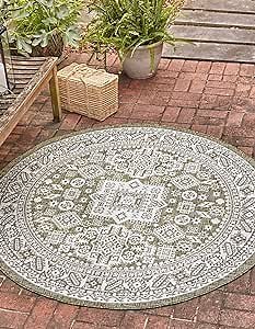 Unique Loom Outdoor Aztec Collection Area Rug - Chalca (4' 1" Round, Green/ Ivory)