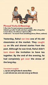 Phrasal Verbs 1️⃣ Run into Meaning: To meet someone unexpectedly Example: I ran into my teacher at the mall. 2️⃣ Catch up (with) Meaning: To talk and share updates after a long time Example: Let’s catch up this weekend. 3️⃣ Turn down Meaning: To refuse or reject an offer 4️⃣ Get over Meaning: To recover from something (stress, illness, sadness) Example: He finally got over his fear of public speaking. | English with Rahul