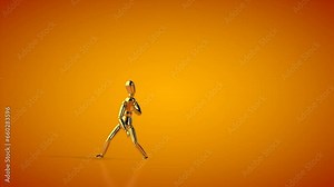 Funny golden mannequin robot style dancing, seamless loop, orange studio
