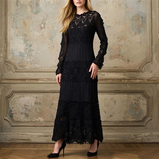 Black Crochet Maxi Dress Boho Lace Dress Long Sleeves Handmade Summer Beach Dress - Etsy