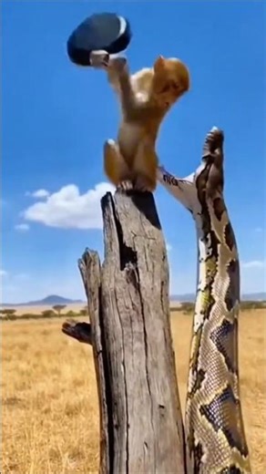 🐍 vs 🐒 나무 기둥 지킴이! '후라이팬 챔피언' 원숭이의 파이썬 응징 ㅋㅋㅋ