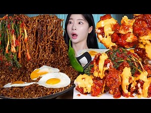 ASMR MUKBANG | Hot Cheese Fried Chicken 🔥 Spicy Green Onion Kimchi & Black Bean Noodle (Jajangmyeon)