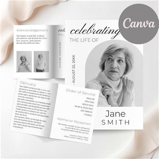 Obituary and Program | Editable Memorial Cards | Minimalist Canva Template | Printable Obituary | Bifold Card | VM0011 - Etsy