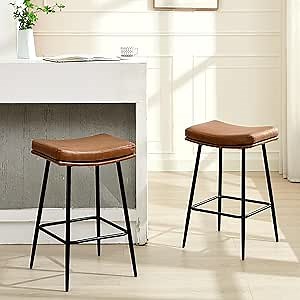 26 inch Counter Height Brown Leather Bar Stools Set of 2, Backless Saddle Bar Stools for Kitchen Counter and Dining Room, Modern Kitchen Stools with Double Layered Cushion and Metal Legs