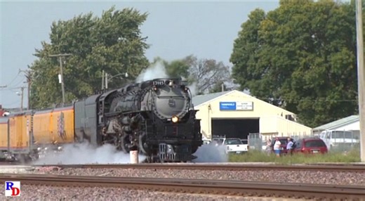 With steam being released, the Union Pacific Challenger No. 3985 gets underway at Missouri Valley, Iowa. She's caught again at speed through Logan. From the Railway Productions show "Challenger Union Pacific’s Legend of Steam" https://rfd.video/Challenger2008 | Steam Giants