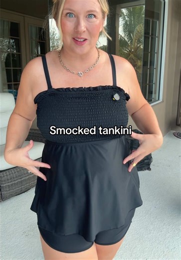 Tankini swimsuit with a sleek, fitted top and athletic fit shorts. Two-piece swim set for women with comfortable coverage, flexible fit, and sporty style, perfect for swimming, beach days, and active vacations. #vacationstyle #tankini #midsizefashion #tiktokshopcreatorpicks #swimsuitseason