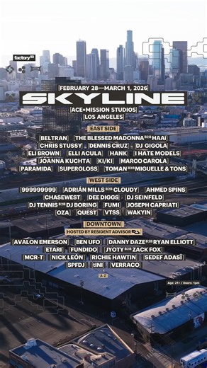 Skyline 2026 takes hold of LA this Feb 28 – March 1💥 Selectors like Chris Stussy, VTSS, Marco Carola, KI/KI & more will soundtrack 4 stages, including a warehouse stage, at our new home, Ace*Mission Studios 🙌 🖤 Current tier tickets are moving fast – secure yours at insom.co/skyline-2026 | Skyline Music Festival