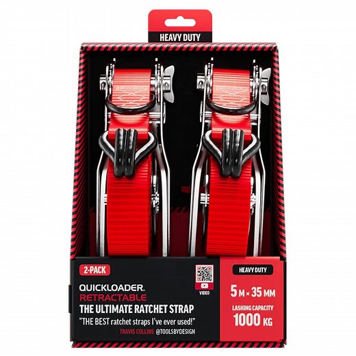 Quickloader Retractable Ratchet Strap Tie Down 5m X 35mm 1000kg - 2 Pack