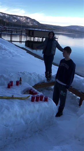 Pong with a view @gracedeb3 #fyp #laketahoe #cabinlife #beerpongtable #mountainbeauty #shotski #backflip