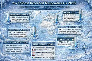 The coldest temperatures and extreme cold events recorded in 2025, from global extremes to notable cold waves: ❄️ Extreme Low Temperatures Recorded in 2025 🥶 Coldest Place on Earth (Antarctica) Vostok Station, Antarctica recorded an extremely low temperature of about −80.2 °C (−112.4 °F) on 9 July 2025, making it the coldest temperature measured anywhere on Earth in 2025. � mkweather ❄️ Major Cold Wave Events in 2025 🧊 North American Cold Wave (January 2025) During a severe cold wave across Ca