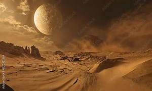 Desolate Sci-Fi Landscape with Skeleton Remnants Under an Alien Sky Featuring a Glistening Moon and Rocky Terrain Surrounded by Brown Dust Clouds and Stark Shadows