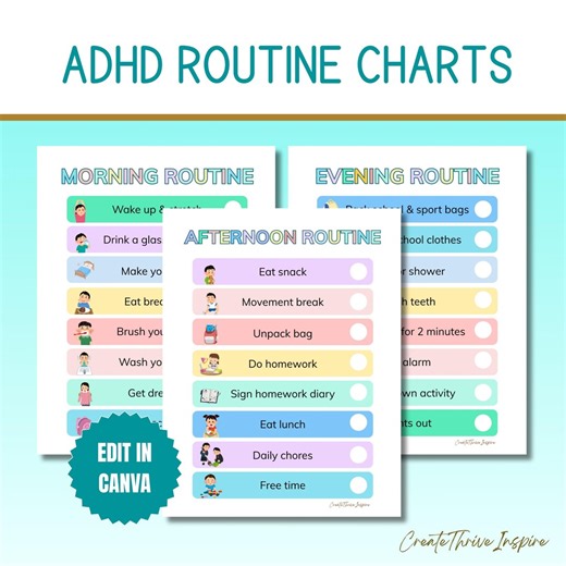 ADHD Routine Charts Editable, ADHD Daily Visual Schedule, ADHD Parent Resources, Canva Templates Printable Neurodiversity Family Routine - Etsy