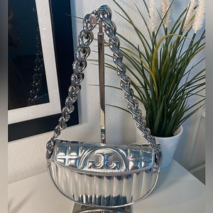 New Tory Burch Mini Fleming Soft Metallic Quilt Crescent Bag