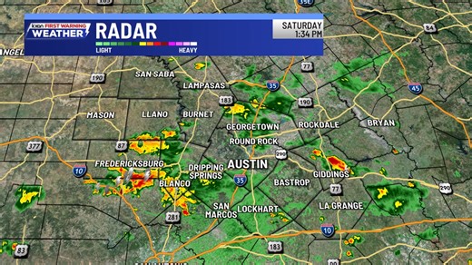 Radar at 1:30 p.m. Saturday. Lightning is still being detected in Gillespie County into southern Blanco County but that is the only weather threat at this time. | KXAN News