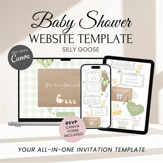Silly Goose Baby Shower Website Template with RSVP | Editable Canva Template