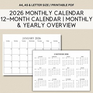 2026 Printable Calendar PDF | A4 A5 US Letter | Monthly   One Page Yearly | Instant Download - Etsy