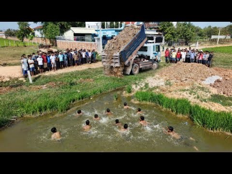 Quickly-Working Project!! FILL UP On The Flooded & Delete WATER by 5-T Dump Truck Loading Soil, Doze