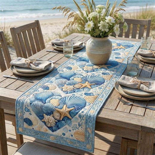 Coastal Seashell Table Runner, Beach House Table Decor, Ocean Starfish Runner, Nautical Dining Table Topper, Summer Coastal Gift - Etsy