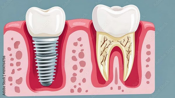Comparison of dental implant and natural tooth anatomy with cross-section