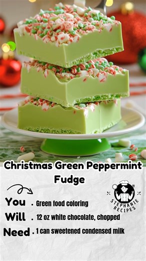 Christmas Green Peppermint Fudge Ingredients 12 oz white chocolate, chopped 1 can sweetened condensed milk ½ teaspoon peppermint extract Green food coloring Optional: crushed peppermint candies for topping Prep Time Prep time 10 minutes Cook time 5 minutes Chill time 2 hours Total time 2 hours 15 minutes Instructions Prepare the Pan Line a small square pan with parchment paper. Make the Fudge In a saucepan over low heat combine white chocolate and condensed milk. Stir constantly until smooth and