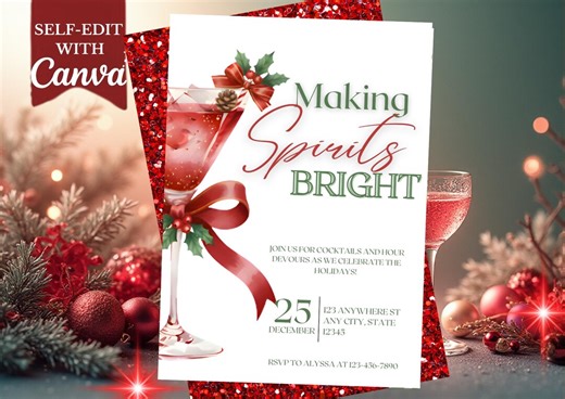 Christmas Cocktail Party Invitation Template | Printable Holiday Party Invite | Editable Digital Download | "making Spirits Bright" - Etsy
