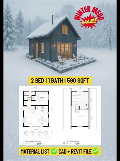 Tiny House Cabin Plan 18x25 | 1 Bed + Loft, 2 Bath | 450 Sq Ft Modern Minimalist Cabin