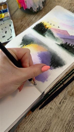 Watercolour painting of a misty morning sunset in the mountains ✨🏞️ a true happy place 🏞️✨