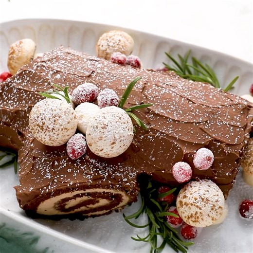 1.7K views · 27 reactions | New recipe! This festive yule log with crisp meringue mushrooms and sugared cranberries looks and tastes like holiday magic. It’s also a fun family baking project.  https://www.onceuponachef.com/recipes/yule-log-buche-de-noel.html | Once Upon A Chef | Facebook