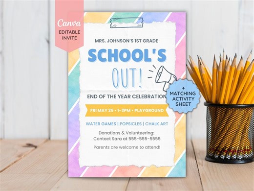 School’s Out Classroom Party Invitation   Activity Sheet | Editable Canva End of Year Invite | Teacher Bundle - Etsy