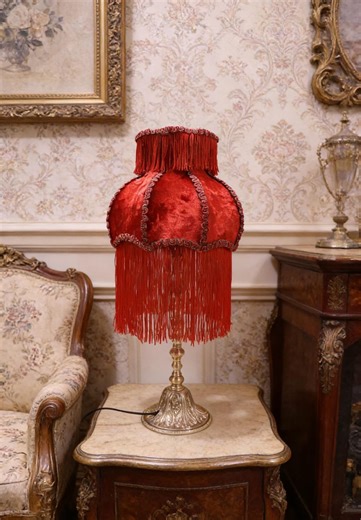 Red Velvet Vintage Table Lamp | Victorian Fringed Lamp Shade | European Retro Bedroom Decor - Etsy