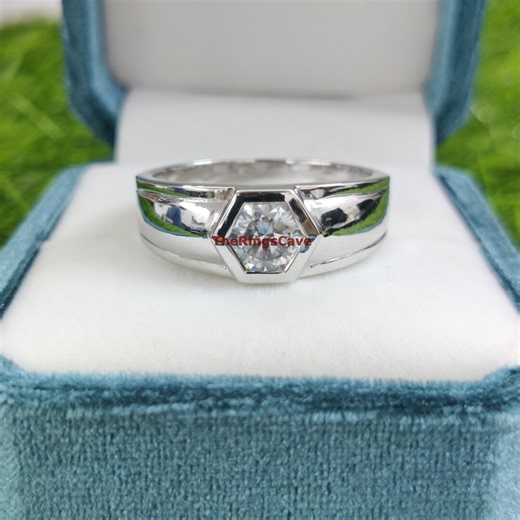Men's Moissanite Signet Ring: 18K White Gold Plated 925 Sterling Silver - Etsy