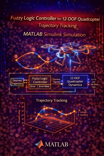 Matlab projects Code on Instagram: "Fuzzy Logic Controller for 12-DOF Quadcopter Trajectory Tracking | MATLAB Simulink Simulation 🔗 www.matlabprojectscode.com 📲 WhatsApp: +91 8300015425 his project presents a 12-DOF Quadcopter (UAV) dynamic model with Trajectory Tracking control using a Fuzzy Logic Controller (FLC), developed and simulated in MATLAB/Simulink. 🚁 Key highlights of the simulation include: ✅ Full 12-DOF nonlinear quadcopter dynamics (position + attitude) ✅ Fuzzy logic–based contr