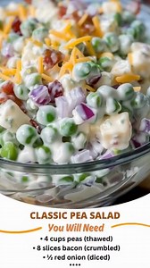 Classic Pea Salad 🫛 Creamy, crisp, and full of flavor—this old-school side never goes out of style! 😋 You’ll Need: * 4 cups peas (thawed) * 8 slices bacon (crumbled) * ½ red onion (diced) * 1½ cups cheddar (cubed) * ½ cup sour cream ½ cup mayo * 1 tbsp sugar 1 tbsp vinegar * ½ tsp salt | Grandma recipes