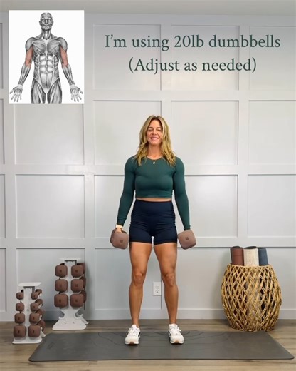 Complete Arm Sculpt Workout - All you need are dumbbells Targeting biceps, triceps, and shoulders with two exercises for each muscle focus. I share my weight only to help you gauge when to increase or decrease weight. Adjust as needed to what is the perfect challenge for you. By the last few reps you should start to slow down and feel very challenged - you want it to be hard but doable. Aim for 8-12 Reps, 3 Sets 1. Seesaw upright row 2. Rotation curl 3. Overhead tricep extension 4. Staggered fro