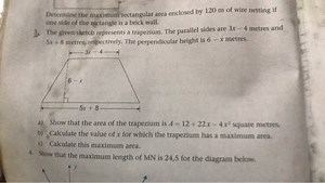 Determine the maximum rectangular area enclosed by 120 m of wir... | Filo