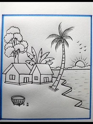 Easy Village Scenery Drawing ✏️🏡🌴 Relaxing step-by-step art tutorial anyone can try at home. Follow for daily simple drawings. Try this drawing and tag me .Can you draw this? Comment YES! #tiktokusa #usaviral #usafyp #drawingtutorial #easyart
