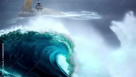 Dynamic Abstract Waves Crashing Against a Lighthouse During a Storm – HD Cinematic Footage for Travel Videos, Social Media Content, and Creative Projects | Dramatic Lighting, Hypnotic Movement.