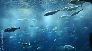 Woman in the underwater aquarium watching the fish