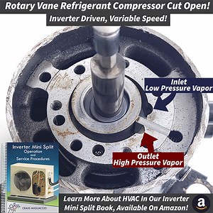 Watch as the roller in the compressor's compression chamber can be sped up or slowed down to adjust the amount of refrigerant flowing through a mini split heat pump & air conditioner! Learn about the electrical side of inverter compressors and other mini split electrical components by getting our book! https://amzn.to/3Y4GcfN . . . #Amazon #Minisplit #booklover #ACService #acservicetech #hvactraining #HVAC #hvacrepair #hvaclife #hvactechs #technician #compressor #refrigerant #inverter #Rotary #V