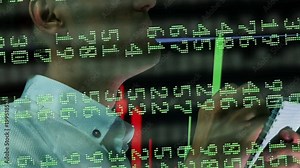 A professional investor monitors the course of trading. He calculates the profit and loss in mind. Makes notes in Notepad. Data stream. Quotes and news online