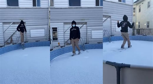 Niño descubre que su piscina está congelada y baila al ser alentado por su hermano