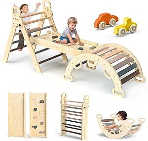 BlueWood Pikler Triangle Set 7in1 Foldable Baby Climbing Toys Wooden Montessori Climbing Set with Arch&Ramp&Ladder Baby Climber Indoor Jungle Gyms for Toddlers Montessori Toys - Mauve Pink