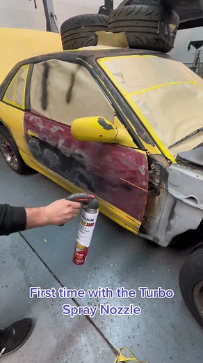 First time with this #rustoleum #turbo spray nozzle and this thing is pretty sweet!! Definitely a small learning curve for laying it down. #BuiltByAmateurs #rustoleumturbo #black #nissan #240sx #s13 #silvia #paint #diy #fyp #follow #followback #cars #carsoftiktok #spraypaint #fun #sendit #drift #driftcar #ls #widebody