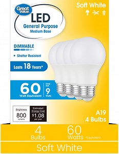 Great Value 18YR A19 LED Light Bulb, 9W (60W Equivalent) Dimmable Soft White E26 Medium Base, 4 Pack