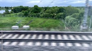 Close-up of the railway. View from the window of a moving train. Travel with the whole family. High quality 4k footage