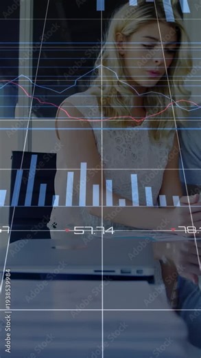 Vertical video: Woman leaning to laptop man watching moving charts updating checking business data