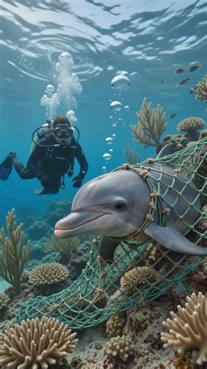 Scuba Diver Saves Trapped Baby Dolphin! 🐬❤️ | Emotional Ocean Rescue #Shorts #animals #cute