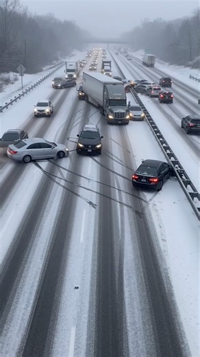 A winter storm blankets a busy highway in ice and snow, reducing visibility and turning the road into a slick trap. One car loses traction and spins across lanes, setting off a chain reaction as other drivers brake too late or slide uncontrollably into the chaos. Within seconds, what began as routine traffic becomes a multi-car pileup, headlights flashing through blowing snow as vehicles collide and come to rest at odd angles. Emergency crews are still minutes away, and drivers step cautiously o