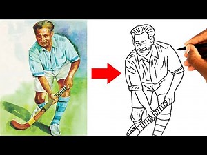 Hockey player Dhyan chand drawing - how to draw dhyan chand playing hockey drawing outline easy